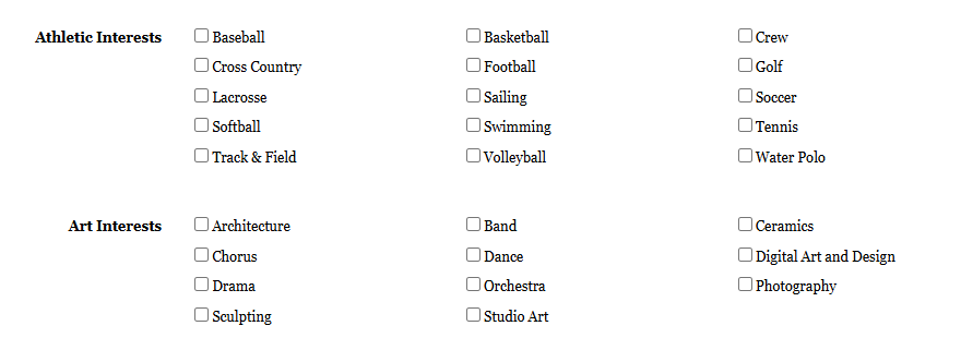 Ransom Everglades School extracurricular checklist with athletics and art interests for student activities.