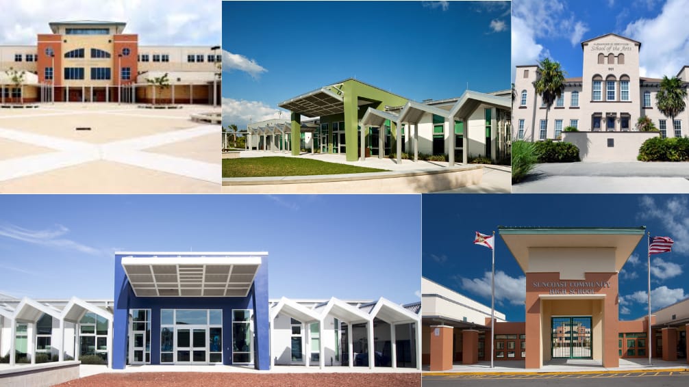 Top high schools in Miami, featuring Key Biscayne K-8 Center, MAST Academy, and other A-grade schools for 2024-2025.