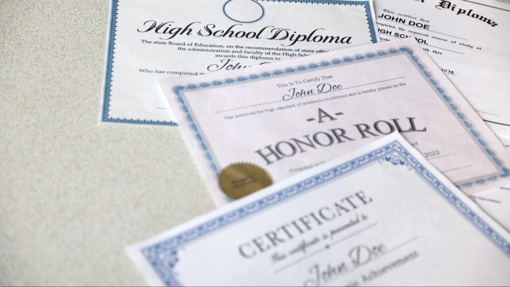 High school diploma and honor roll certificates representing Florida credit transfer, graduation requirements, and student achievement.