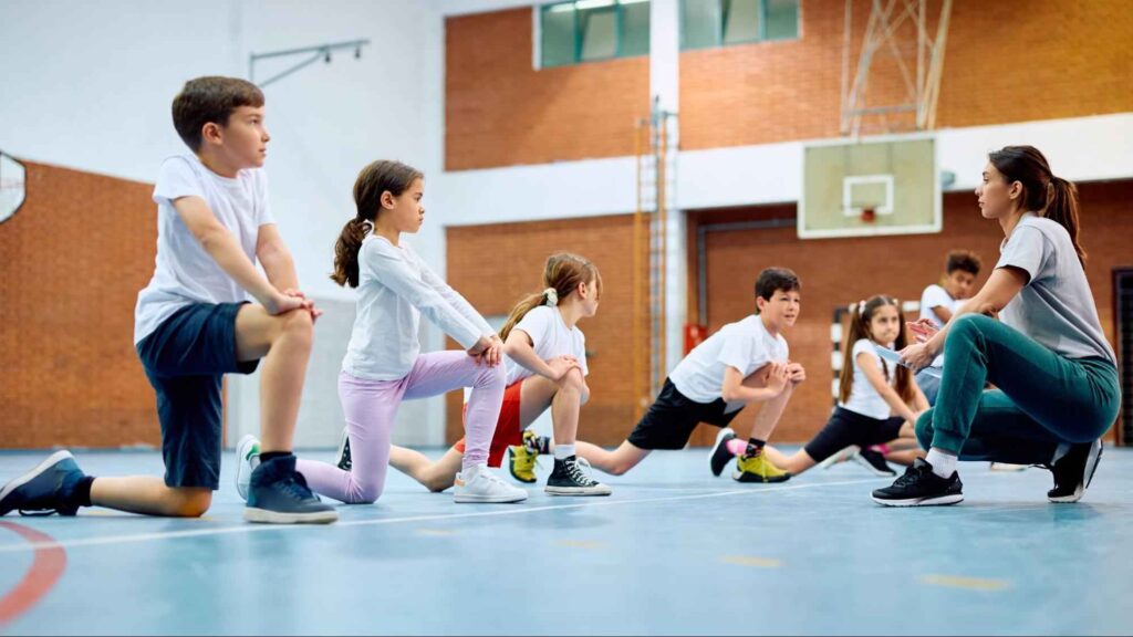 Children stretching in a physical education class at a Miami elementary school.