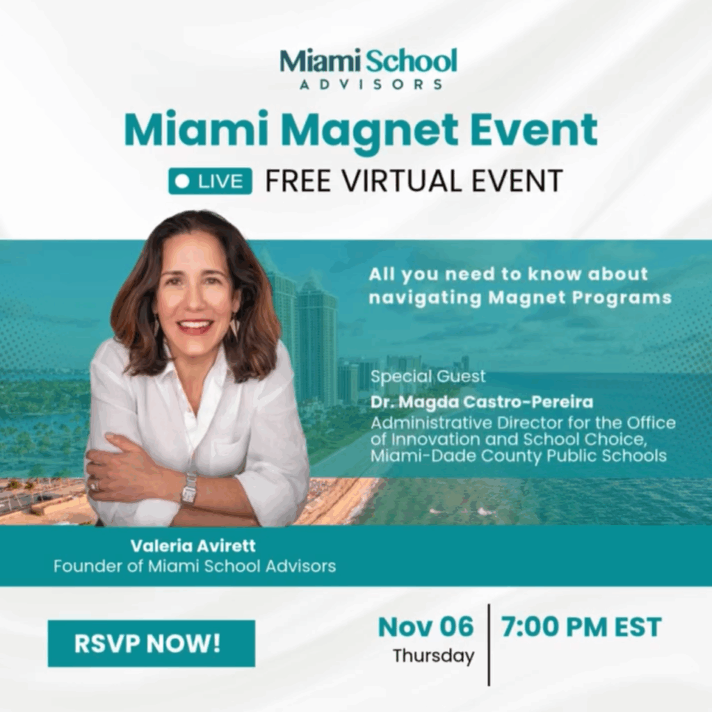 Promotional banner for the Miami Magnet Schools Event 2025 featuring Valeria Avirett highlighting free expert admissions guidance in Miami-Dade.
