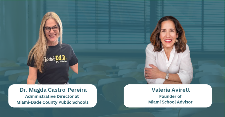 Speakers Valeria Avirett and Dr. Magda Castro-Pereira at the Miami Magnet Schools Event 2025 offering expert insights on school choice and Magnet program admissions.