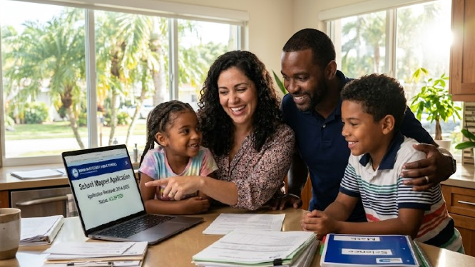 A happy South Florida family gathers around a laptop together to celebrate a successful Miami school lottery system magnet application showing an "ACCEPTED" status on the screen.